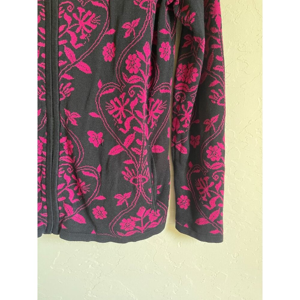 Chico's Size 1/Medium Pink Black Paisley Brocade Floral Full ZIp Knit Cardigan S - Picture 7 of 7